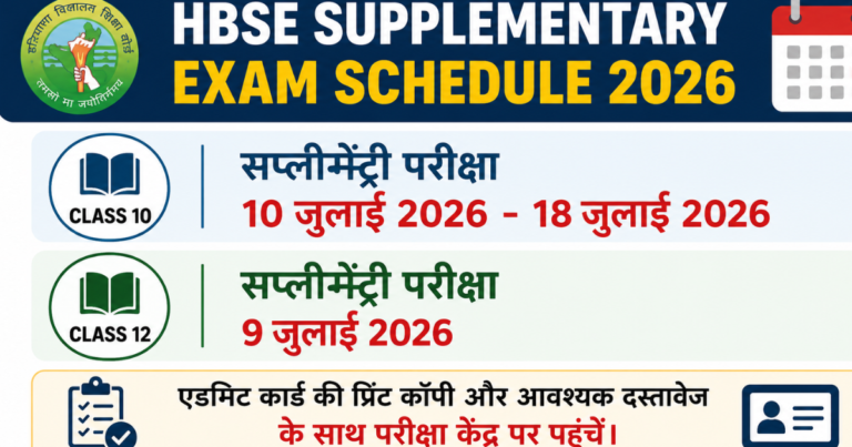 HBSE Supplementary Exam Schedule 2026 Class 10 and 12 July dates infographic