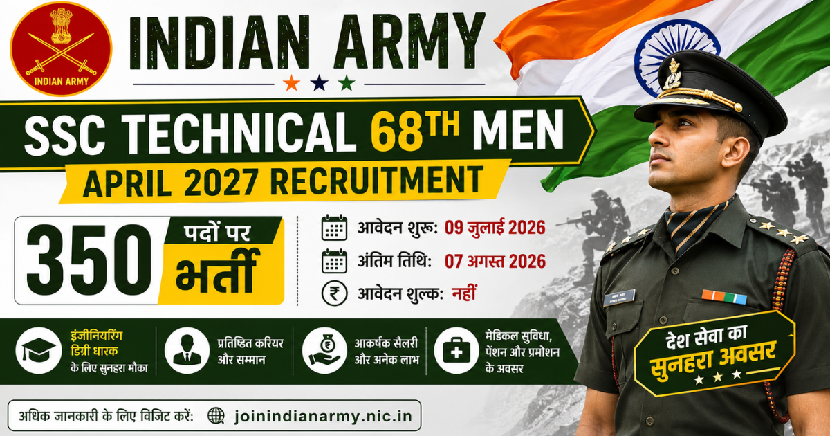 Indian Army SSC Technical 68th Men April 2027 Recruitment, ऑनलाइन आवेदन, इंजीनियरिंग उम्मीदवारों के लिए भर्ती